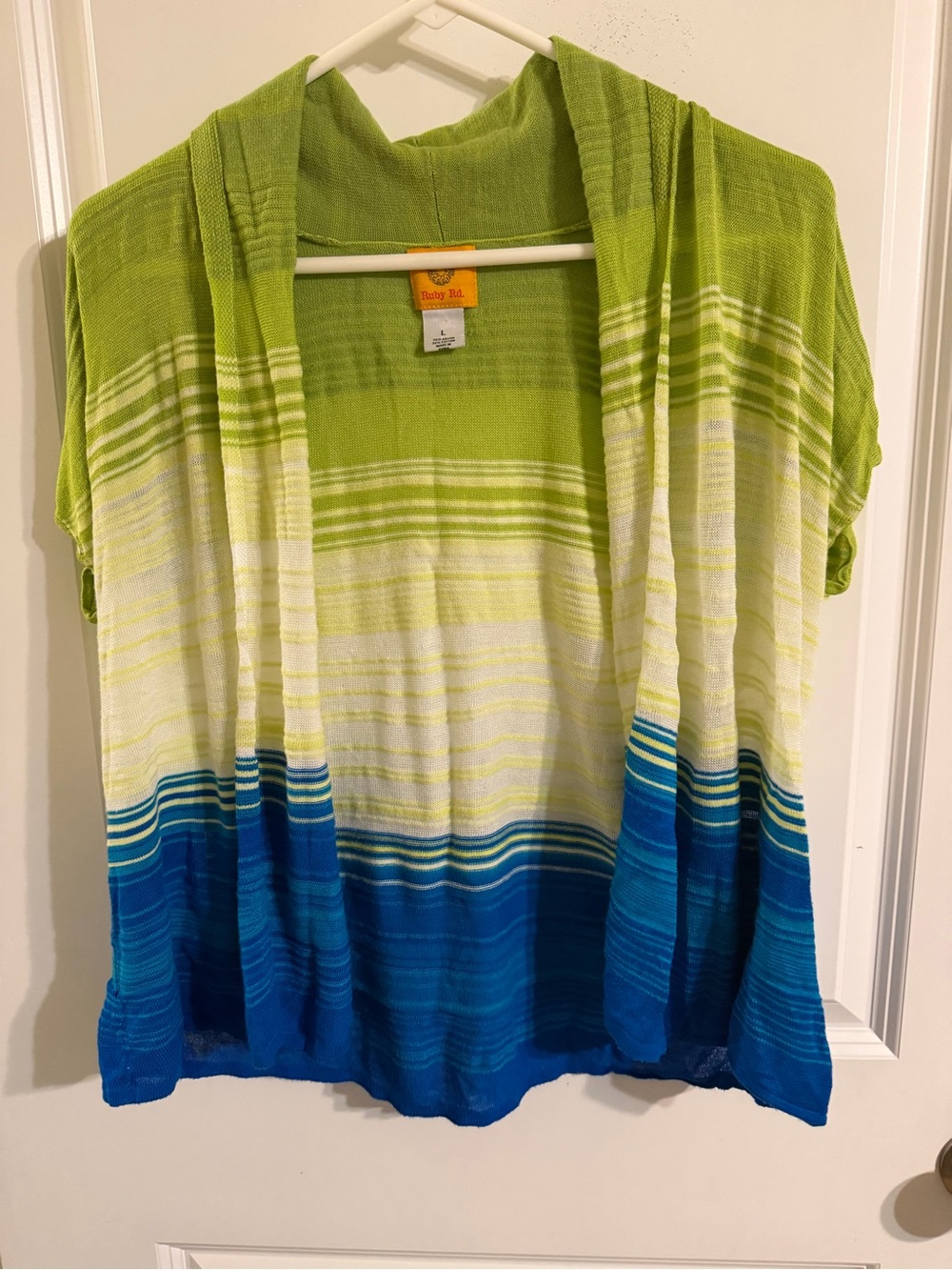 Ruby Rd. Green White Blue Ombre Striped Open Cardigan